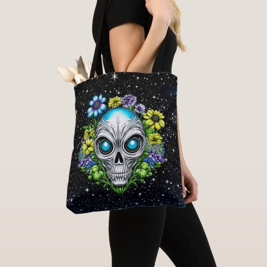 Tote Bag Visage Alien et fleurs Ai Art (De près)