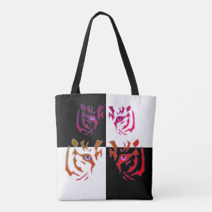 Tote Bag Visage de tigre à carreaux noir et blanc