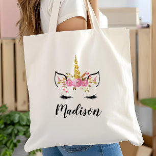 Tote Bag Visage Unicorne avec cils Nom personnalisé