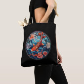 Tote Bag Vitrail asiatique style Koi Poisson et Camellias (De près)