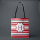 Tote Bag Vivid Rouge & Gris moderne rayé<br><div class="desc">Ce design sac fourre-tout présente un beau motif rayé rouge,  gris et blanc avec un double monogramme circlé. Idéal pour fêter avec des couleurs d'équipe,  ou juste tous les jours de plaisir d'été. Fait un grand cadeau. Créé par Simply Farmhouse Press.</div>