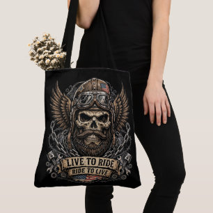 Tote Bag Vivre pour rouler crâne barbu de motard