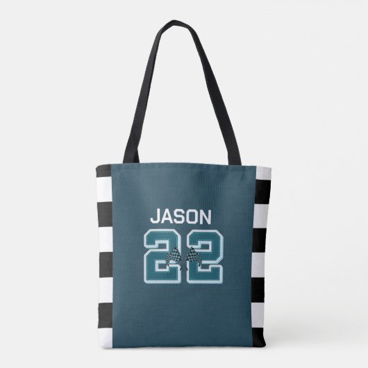 Tote Bag Voiture de course bébé vert, blanc et noir à damie (Dos)