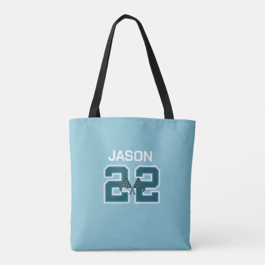 Tote Bag Voiture de course, noir & blanc à damiers bleu (Dos)