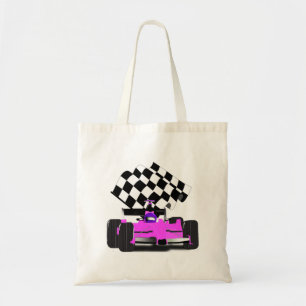 Tote Bag Voiture de course rose avec drapeau À damiers