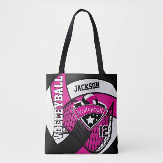 Tote Bag Volley-ball rose chaud, noir et blanc (Devant)