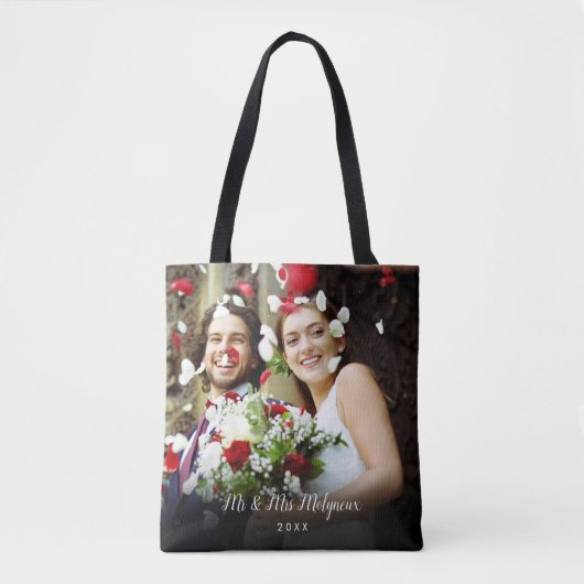 Tote Bag Votre nom de script de photos de mariage préférées (Devant)