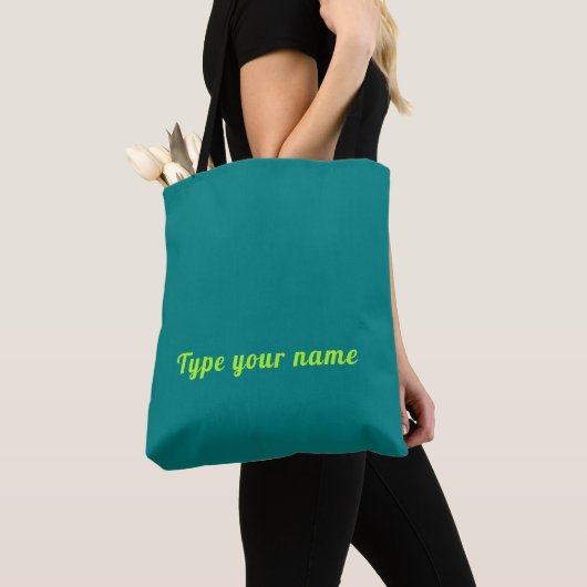 Tote Bag Votre nom en Police verte jaune sur Turquoise clai (De près)