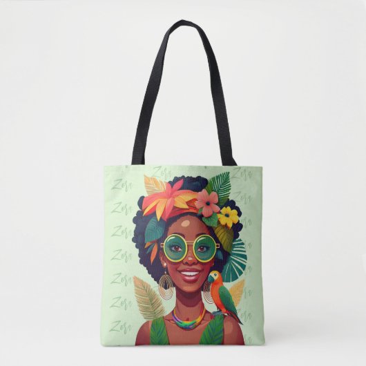 Tote Bag Votre nom, Femme noire, Fleurs tropicales & Parrot (Devant)