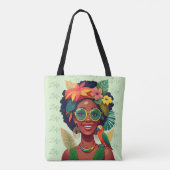 Tote Bag Votre nom, Femme noire, Fleurs tropicales & Parrot (Dos)