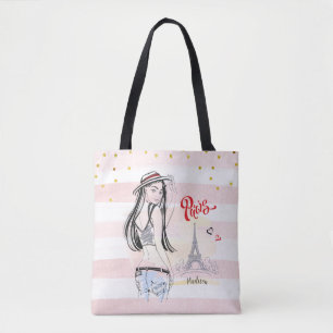 Tote Bag Voyage personnalisé Paris Pink Stripes croquis