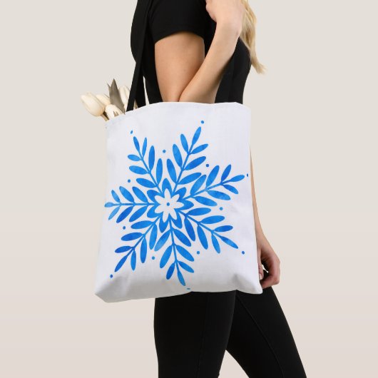 Tote Bag Watercolor Blue Snowflake Pattern (De près)