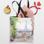 Tote Bag Watercolor Eiffel Tower Paris French Cafe<br><div class="desc">Watercolor Eiffel Tower Paris French Cafe Tote Bags features a watercolor french cafe seating area with Paris and the Eiffel Tower in the background. Created by Evco Studio www.zazzle.com/store/evcostudio</div>