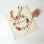Tote Bag Watercolor Floral Wreath Personnalisé Bridesmaid<br><div class="desc">Boucles d'aquarelle de pêche bordeaux et rouillés avec texte modifiable. Parfait pour un ami,  vous-même ou une femme de ménage.</div>