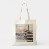 Tote Bag Watercolor Japanese Pagoda & Fuji  (Dos)