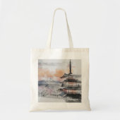 Tote Bag Watercolor Japanese Pagoda & Fuji  (Devant)