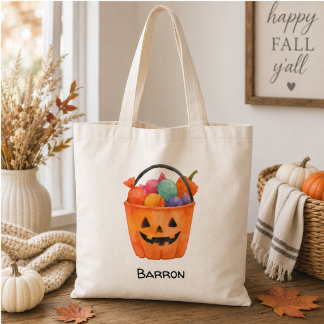 Tote Bag Watercolor Pumpkin Trick or Treat Personalized Tot