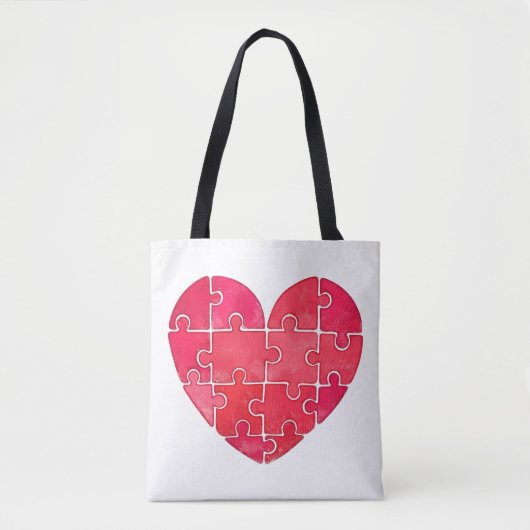 Tote Bag Watercolor red puzzle heart, red hearts pattern (Devant)