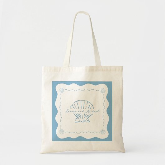 Tote Bag Wavy Coastal Moderne Dusty Blue Mariage Bienvenue (Devant)