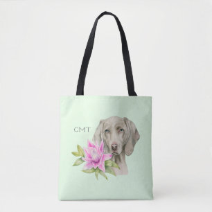 Tote Bag Weimaraner Dog and Lily Watercolor Monogramme