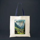 Tote Bag Wengen Suisse Travel Art Vintage<br><div class="desc">Conception de déplacement vectoriel Wengen rétro. Wengen est un village alpin suisse situé dans la région bernoise de l'Oberland. Il est connu pour ses chalets en bois et ses hôtels Belle Epoque.</div>