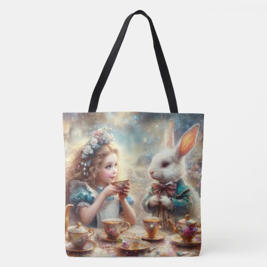 Tote Bag Whimsical Alice and Rabbit Tea Time (Devant)