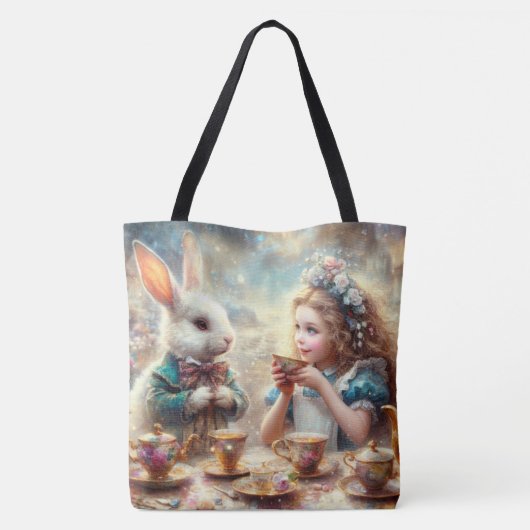 Tote Bag Whimsical Alice and Rabbit Tea Time (Dos)