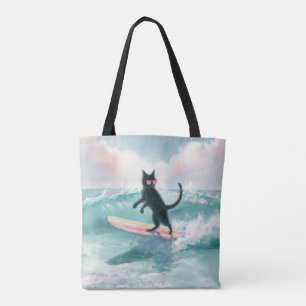 Tote Bag Whimsical Black Cat Surfer Fourre-tout