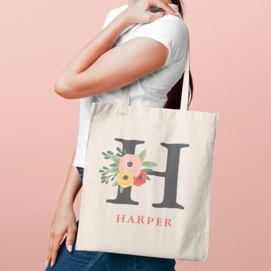 Tote Bag Whimsical Blush Coral Floral Personalized Monogram