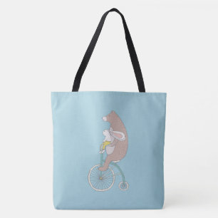 Tote Bag Whimsical Bunny and Bear Riding a Bike