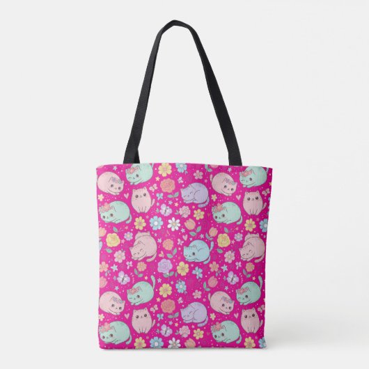 Tote Bag Whimsical Kawaii Pastel Cat and Floral Seamless (Dos)