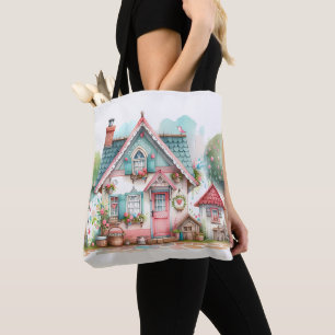 Tote Bag Whimsical Pastel Fairy Tale Cottage Art