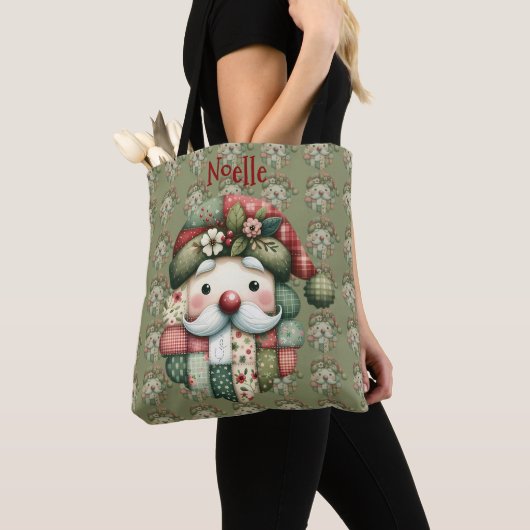 Tote Bag Whimsical Patchwork Santa Folk Christmas (De près)