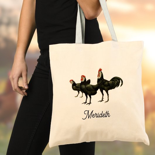 Tote Bag White Faced Black Spanish Roosters Chickens Name
