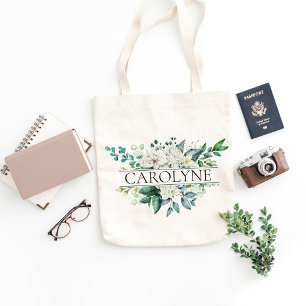 Tote Bag White Flowers and Greenery Bridesmaid Custom Name