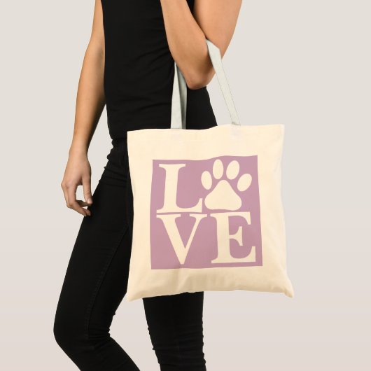 Tote Bag White LOVE Word Chien Paws Motif Violet Arrière -  (Devant (produit))