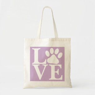 Tote Bag White LOVE Word Chien Paws Motif Violet Arrière - 