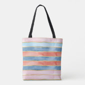Tote Bag Wide Watercolor Stripes of  Blue Pink Coral (Dos)