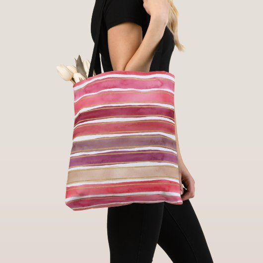 Tote Bag Wide Watercolor Stripes Shades of Plum Wine Pink (De près)