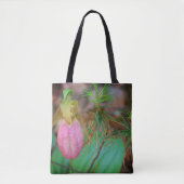 Tote Bag Wild Pink Lady Slipper Orchid And Evergreens   (Devant)