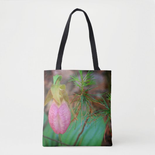 Tote Bag Wild Pink Lady Slipper Orchid And Evergreens   (Devant)