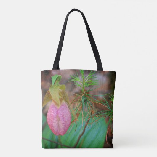 Tote Bag Wild Pink Lady Slipper Orchid And Evergreens   (Dos)