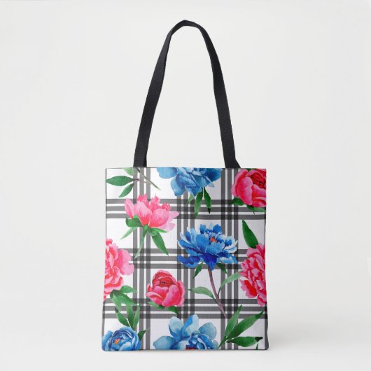 Tote Bag Wildflower red and blue peonies flowers pattern in (Devant)