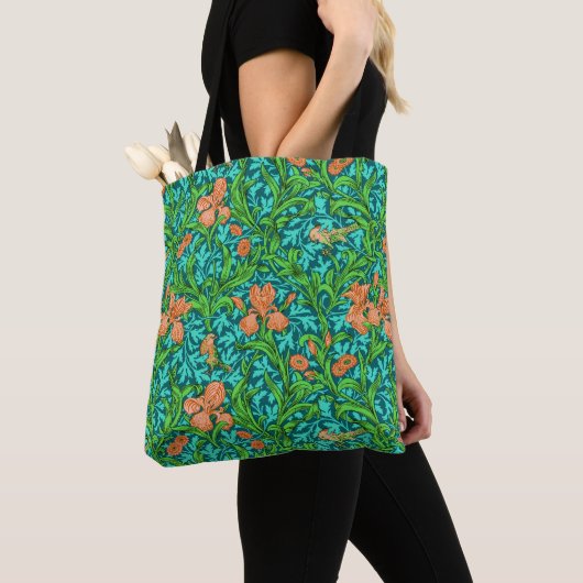 Tote Bag William Morris Irises, orange et turquoise (De près)