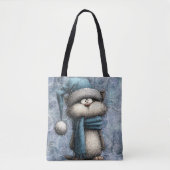 Tote Bag Winter Blue Christmas Cat With Hat And Scarf (Devant)