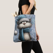 Tote Bag Winter Blue Christmas Cat With Hat And Scarf (De près)
