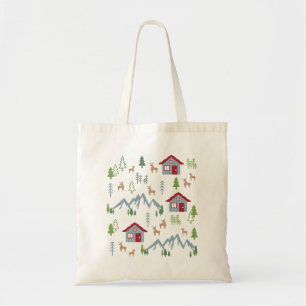 Tote Bag Winter Night Deer Forest Cabin Pattern II