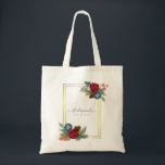 Tote Bag Winter Wedding Burgundy Teal Blue Modern<br><div class="desc">Beautiful Turquoise teal blue (peacokc blue) and burgundy, wine colored Roses, sage green leaves, rustic pine cones, and a gold frame feature on this winter wedding item which is part of a larger collection that includes budget wedding invitations, save the dates, RSVPs, labels, gifts, stationery, and more. For a FREE...</div>