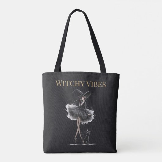 Tote Bag Witchy Vibes Dark Edition – Gothic Witch & Cat (Dos)