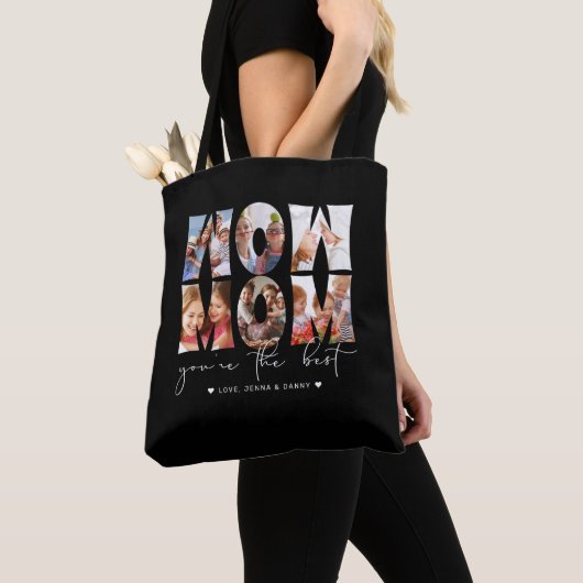Tote Bag Wow Mom Citation Modern Black 6 Photo Collage (De près)